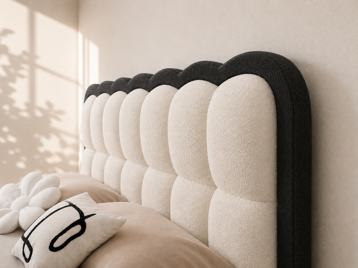 Hermes Cream Scallop Upholstered Bed In Boucle