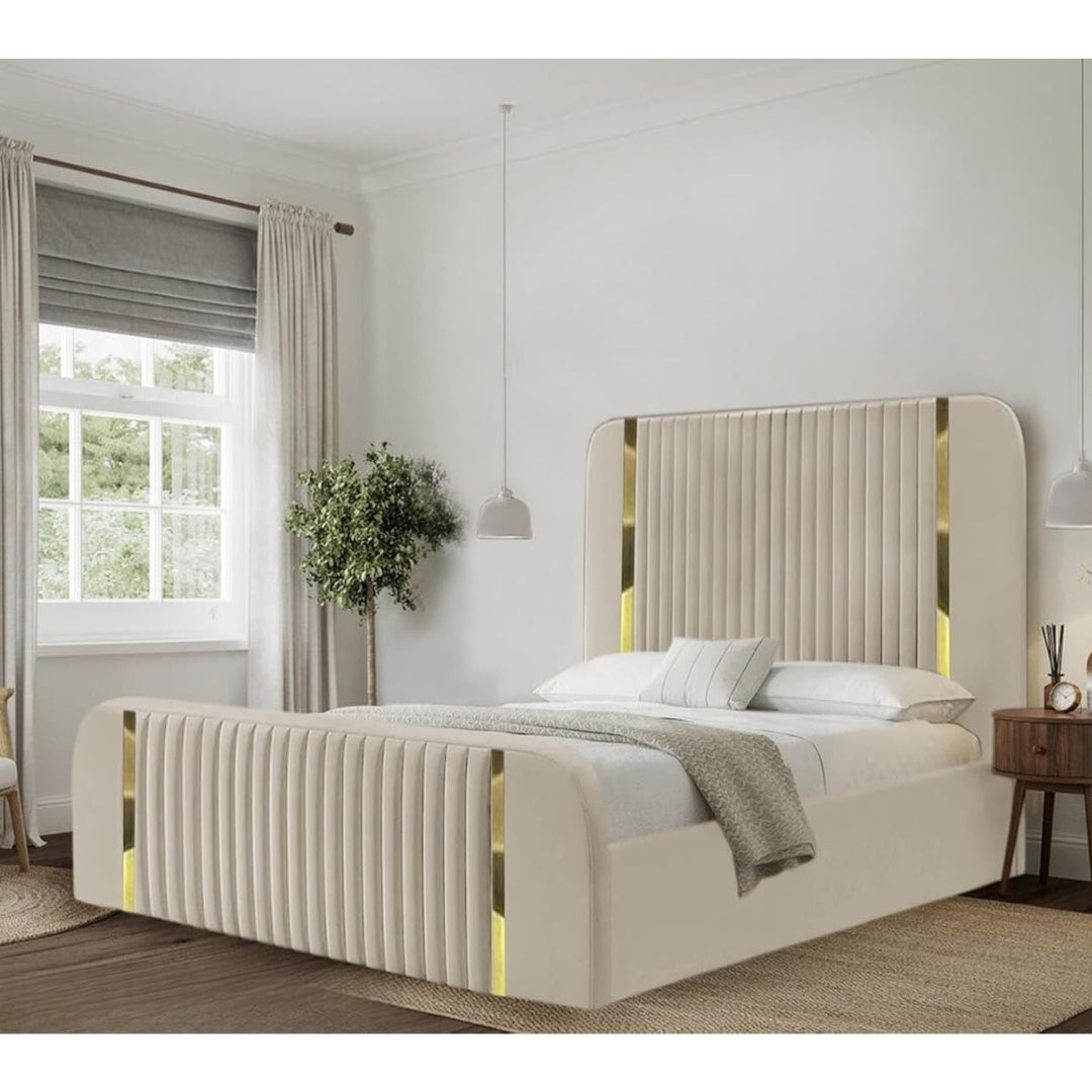 Aurum Crest Velvet Upholstered Bed with Gold Accents