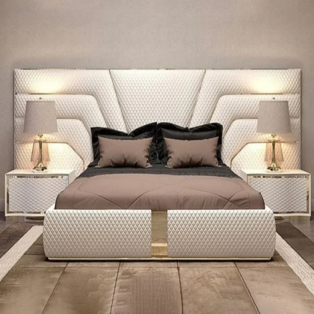 Beige Large Upholstered Headboard Bed