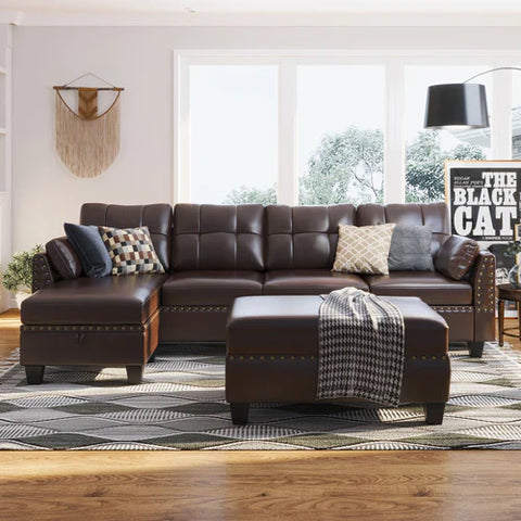 HONBAY Brown Faux Leather L Shape Sectional Sofa Couch