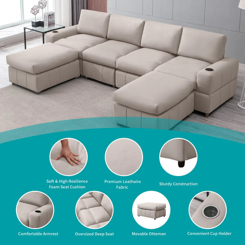 Modular Tufted Lounge Couch Set with Ottomans