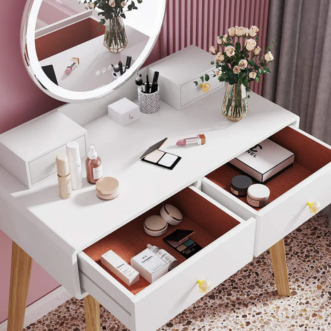 Round Mirror White Dressing Table