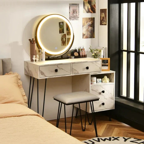 Round Mirror White Dressing Table