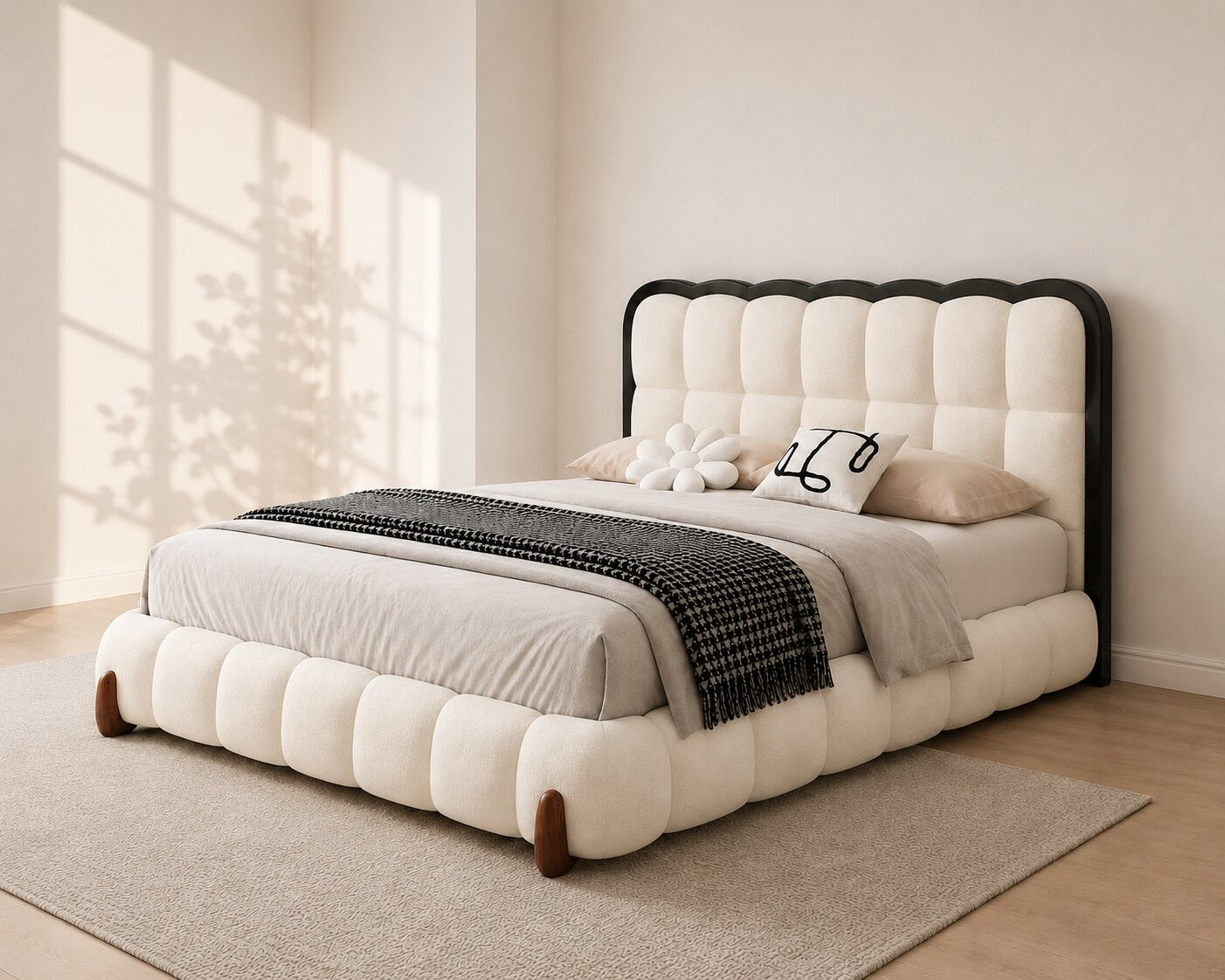 Hermes Cream Scallop Upholstered Bed In Boucle