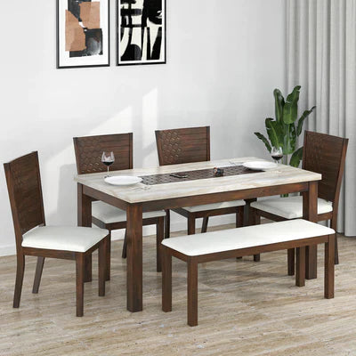 Marble Top Wooden Rounded 4 Seater Dining Set (605)