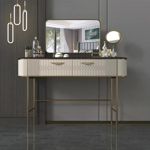 Ira Luxury Makeup Vanity Faux Marble Top Dressing Table With Gold Finish