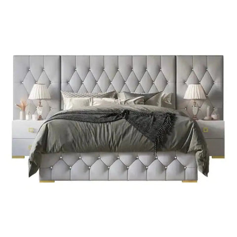 Dawnview Luxury Upholstered Bed and Leatherette Side Table